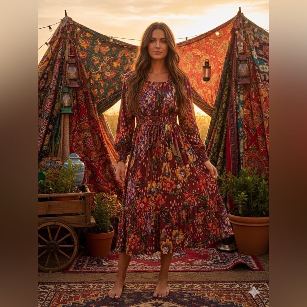 Gypsy Love Boho Floral Rayon Midi Dress XL Burgundy
